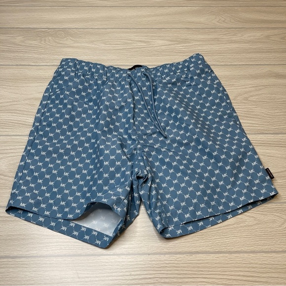 Michael Kors Mid Length Blue White MK Logo Swim Lined Shorts Trunks Mens Size L - Picture 2 of 13